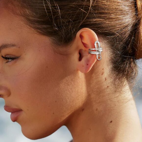 Silver Safety Pin Non Piercing Rhinestone Star Clip on Earring Cartilage Jewelry - Picture 9 of 9